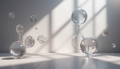 Poster - Floating bubbles in sunlit room abstract art minimalist design indoor environment captivating view conceptual aesthetics