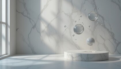 Poster - Bubbles rising above a marble surface bright room 3d render minimalist design soft lighting abstract concept