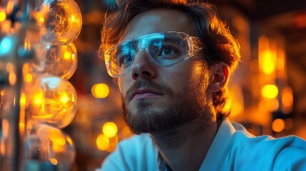 Fototapete - A scientist in protective eyewear studies data in a vibrant laboratory filled with various glassware, contributing to advancements in mining and energy generation technologies.