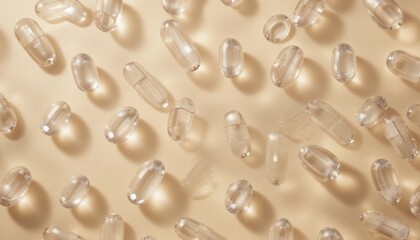 Poster - Exploring transparent capsules on soft beige background close-up photography minimalist aesthetic studio environment macro viewpoint