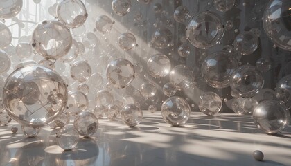 Poster - Floating transparent spheres abstract studio 3d render bright environment high-angle viewpoint light play concept for visual appeal