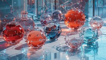 Poster - Scientific visualization of colorful molecules and glass spheres in a bright laboratory environment still life photography
