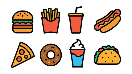 Poster - Colorful flat fast food icon set featuring burgers, fries, and more