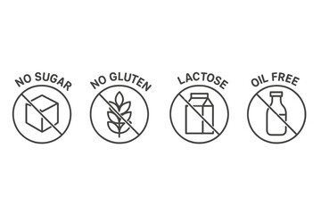 Poster - Line vector icons indicating dietary restrictions such as no sugar, no gluten, lactose-free, and oil-free