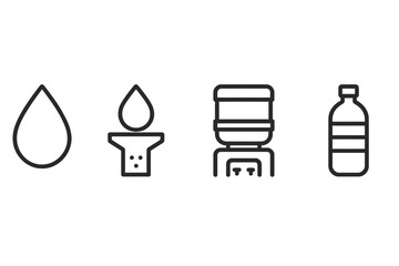 Aufkleber - Water-related line vector icons depicting a drop, a droplet, a water cooler, and a bottle for hydration