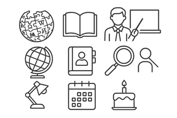 Poster - Educational symbols represented in line vector icon format showcasing various tools and activities related to learning and knowledge sharing