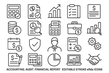 Poster - Detailed line vector icon collection depicting financial themes such as auditing, accounting, and reporting processes at work