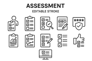Poster - Assessment line vector icons showcasing various evaluation methods for data and performance analysis