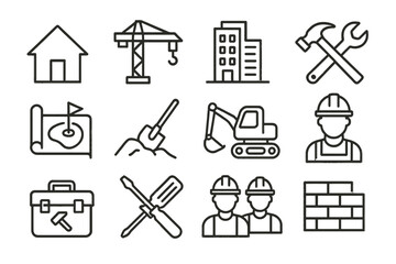 Poster - Construction and renovation line vector icons depicting various building activities and tools in a simple design