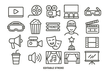 Aufkleber - Vector icons representing various elements of film and entertainment including cameras, popcorn, and director symbols