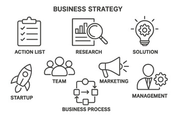Leinwandbilder - Business strategy icons representing action lists, research, marketing, and management concepts for effective planning