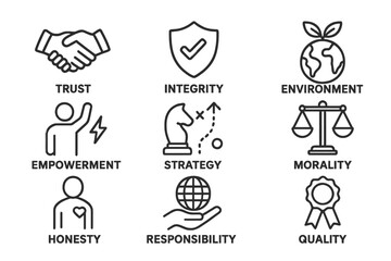 Aufkleber - Line vector icons representing trust, integrity, empowerment, and environmental values in a modern business context
