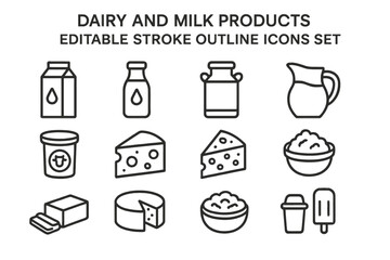 Poster - Vector line icons representing various dairy and milk products suitable for design projects and educational materials