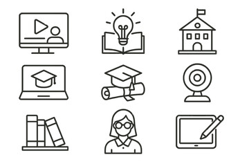 Poster - Vector icons representing various aspects of online education, digital learning tools, and academic resources in a structured layout
