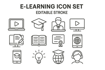 Poster - E-learning icon set featuring various educational symbols and tools representing online learning and technology