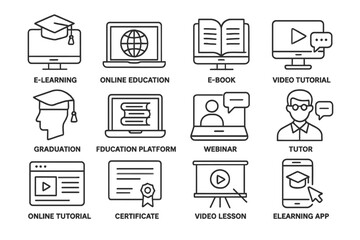 Poster - Collection of line vector icons representing online education and e-learning tools for modern learning environments