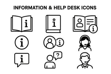 Leinwandbilder - Information and help desk icons depicting various support and assistance scenarios for users in a minimalist line vector style