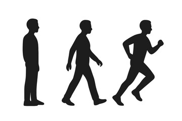 Poster - Progression of human movement depicted through line vector icon showing standing, walking, and running in a sequence