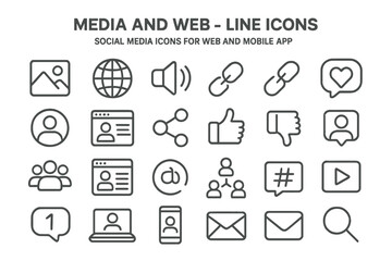 Leinwandbilder - Social media line vector icons set for web and mobile applications showcasing various communication elements