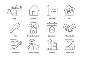 Poster - Real estate icons depicting buying, selling, and renting activities in a modern line vector style