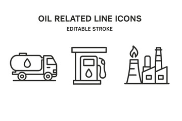 Poster - Oil industry vector icons depicting transportation, fueling station, and refinery facilities for understanding energy resources