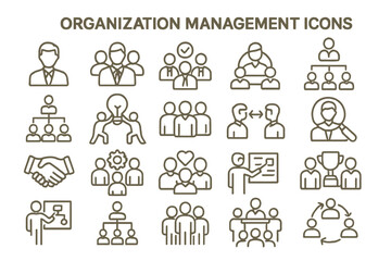 Poster - Collection of line vector icons representing various aspects of organization management and teamwork principles