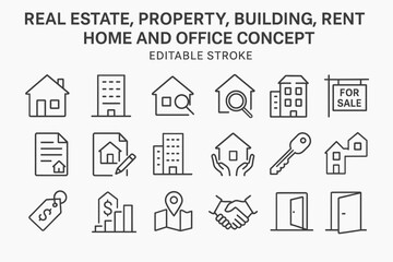 Poster - Real estate icons depicting various aspects of property, buildings, and renting in a simplified line vector style for design purposes
