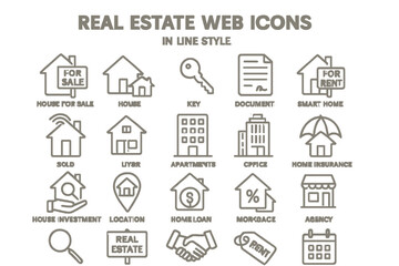 Poster - Real estate web icons in line vector style showcasing various property-related symbols and concepts for digital applications