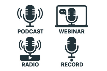 Poster - Vector icons representing podcast, webinar, radio, and recording in a clean line style