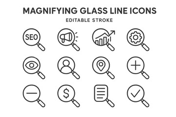Leinwandbilder - Magnifying glass line vector icons depicting various concepts such as SEO, analytics, and user search in minimalist style
