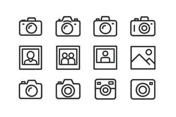 Poster - Line vector icons illustrating various camera designs and photo formats in a neat grid layout suitable for digital media