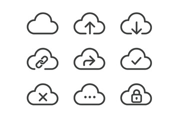 Fototapete - Cloud icons representing upload, download, and connectivity actions for digital services in a minimalist design