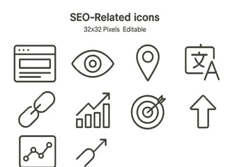 Poster - Vector icons representing SEO concepts with arrow, graph, and target for digital marketing strategies
