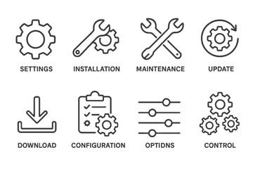 Poster - Vector icons representing settings, installation, maintenance, update, and control in a minimalist design for digital applications
