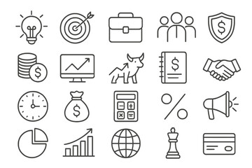 Poster - Collection of business and finance line vector icons depicting key concepts and activities in the corporate world