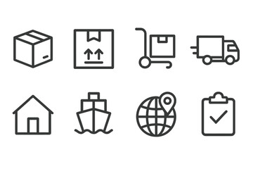 Poster - Line vector icons representing logistics, shipping, and delivery activities for e-commerce and transportation services