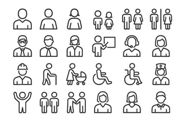 Poster - Diverse line vector icons depicting various professions, activities, and individuals in different settings