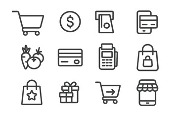 Aufkleber - Vector icon collection depicting shopping activities, payment methods, and retail items commonly associated with purchasing goods