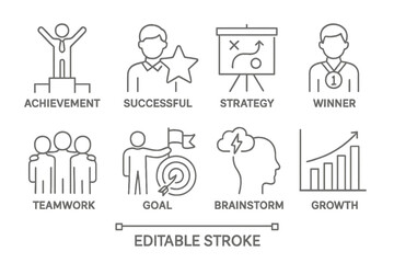 Poster - Vector icons representing achievement, success, strategy, teamwork, and growth in a corporate setting for motivational and educational purposes
