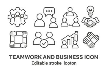 Poster - Collaboration and partnership icons featuring teamwork, discussion, and problem-solving in a linear vector style