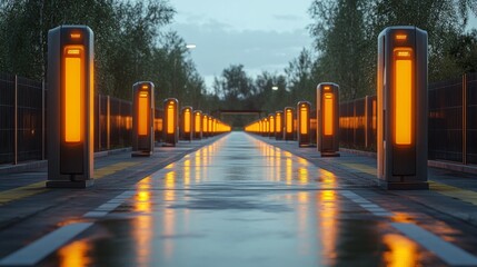 Aufkleber - Modern infrastructure with illuminated sensors lining the roadway enhances mobility and connectivity for autonomous vehicles at dusk, showcasing advanced logistics technology.