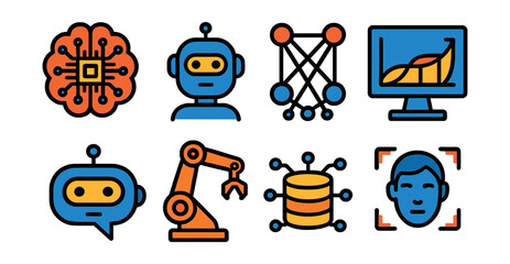 Poster - Artificial intelligence and robotics icon set in flat style for technology and automation projects