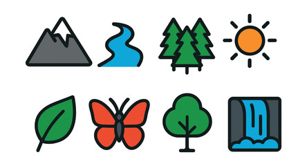 Poster - Nature and outdoor icons set: vibrant linear style for design projects