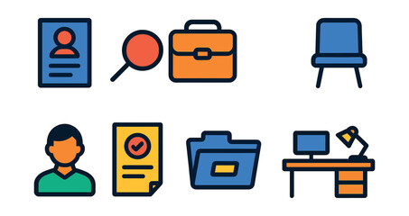 Poster - office essentials icons set: linear style with desk, files, and more