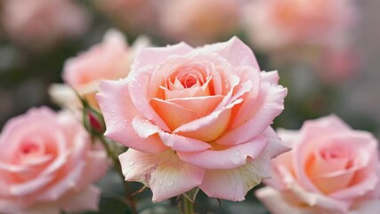 Wall Mural - fresh pink rose with water drops in soft natural light romantic blooming flower close up with blurre