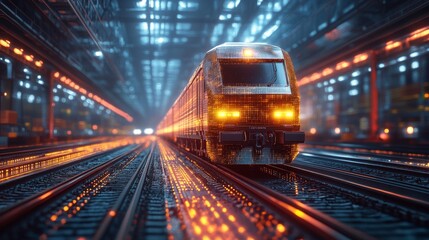 Fototapete - A smart train moves seamlessly along tracks in a highly automated transportation facility at night, illuminated by futuristic lighting and showcasing advanced mobility technology.