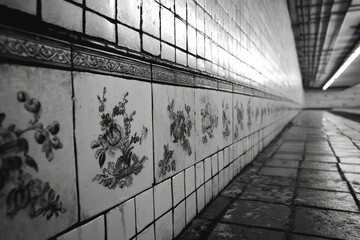 Poster - a monochromatic view of a tiled tunnel with floral designs, showing a vintage aesthetic and perspect