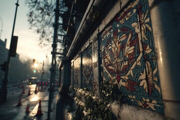 Poster - A vibrant urban scene with decorative tiles adorning a building's exterior, set against a blurred cityscape at sunrise, highlighting art, construction, and city life.
