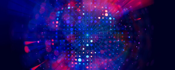 Poster - Abstract macro of quantum computing qubit cell. Subatomic patterns of cyber AI intelligence. Futuristic technology concept. 