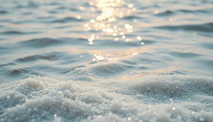 Wall Mural - Close-up peach fuzz texture on a vast, shimmering water surface, background, smooth